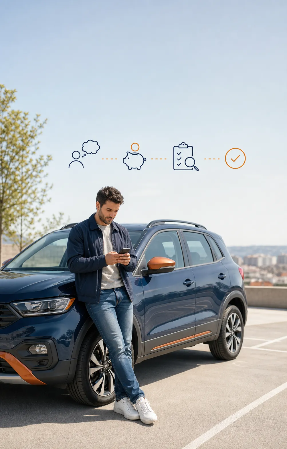 Persona revisando su coche y siguiendo un recorrido de compra en cuatro pasos