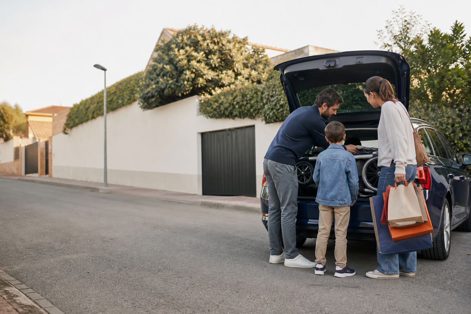 Familia comprobando el espacio del maletero de un coche de ocasión